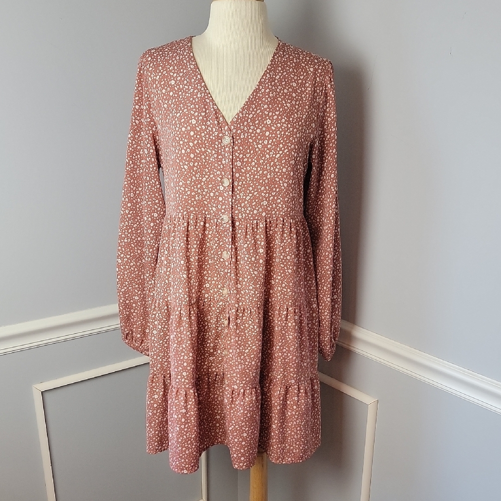 Mauve Brown White Floral Button Down Long Sleeve Tiered Boho Cottage Dress M